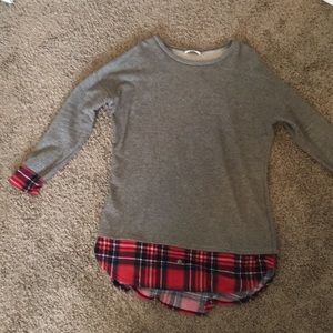Long plaid accented sweater.